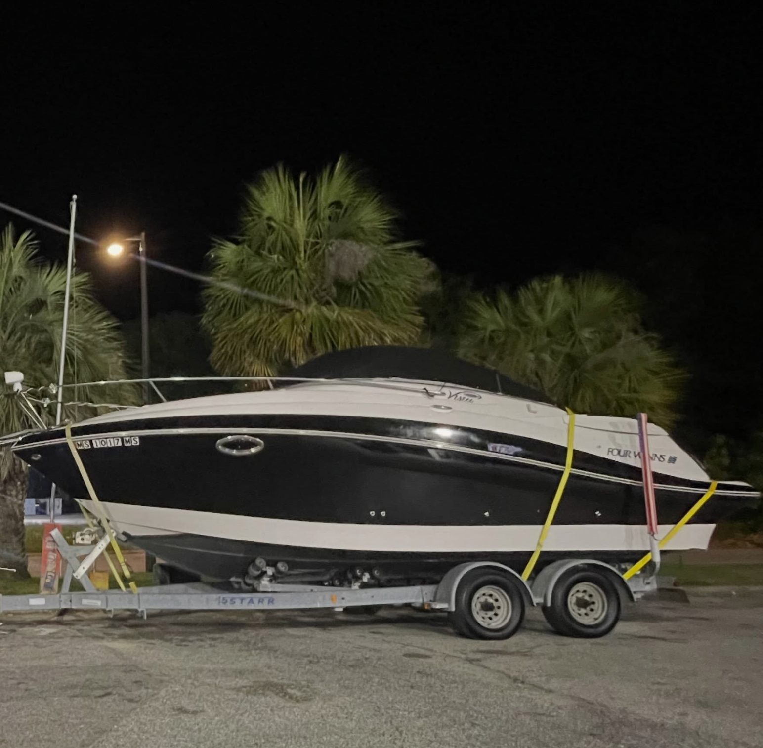 Boat on trailer at night